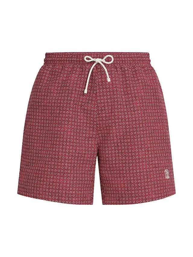 Brunello Cucinelli Men's Flower Print Nylon Swim Shorts - Cherry