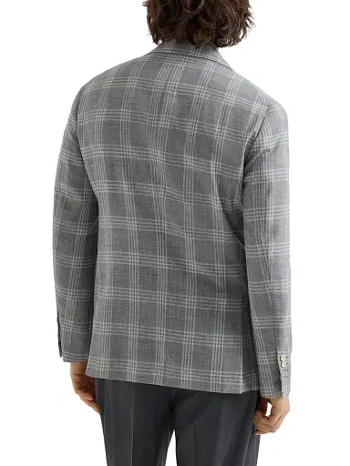 Brunello Cucinelli Men's Wool, Silk and Linen Tartan Deconstructed Blazer - Light Grey - Size 38 | Thumbnail 3