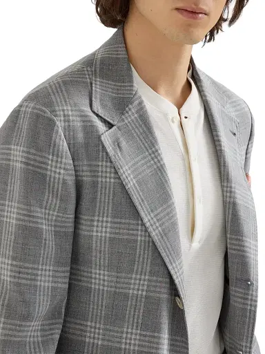 Brunello Cucinelli Men's Wool, Silk and Linen Tartan Deconstructed Blazer - Light Grey - Size 38 | Thumbnail 4