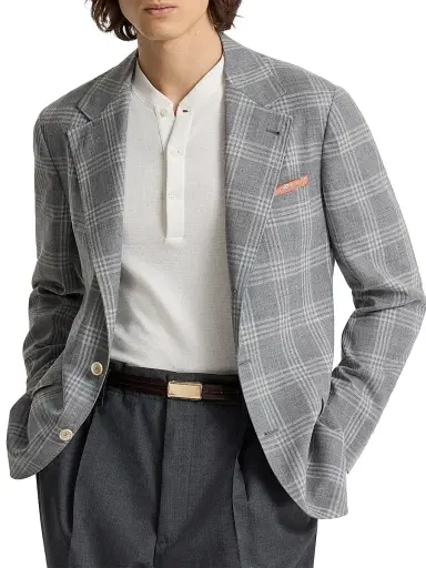 Brunello Cucinelli Men's Wool, Silk and Linen Tartan Deconstructed Blazer - Light Grey - Size 38 | Thumbnail 5