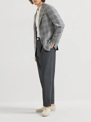 Brunello Cucinelli Men's Wool, Silk and Linen Tartan Deconstructed Blazer - Light Grey - Size 38 | Thumbnail 6