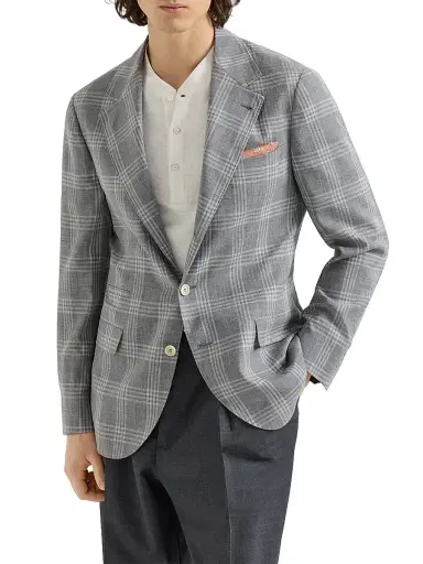 Brunello Cucinelli Men's Wool, Silk and Linen Tartan Deconstructed Blazer - Light Grey - Size 38 | Thumbnail 1