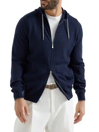 Brunello Cucinelli Men's Cashmere Sweatshirt Style Cardigan with Hood - Navy Blue | Thumbnail 2 Brunello Cucinelli Men's Cashmere Sweatshirt Style Cardigan with Hood - Navy Blue | Thumbnail 2