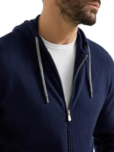 Brunello Cucinelli Men's Cashmere Sweatshirt Style Cardigan with Hood - Navy Blue | Thumbnail 4 Brunello Cucinelli Men's Cashmere Sweatshirt Style Cardigan with Hood - Navy Blue | Thumbnail 4