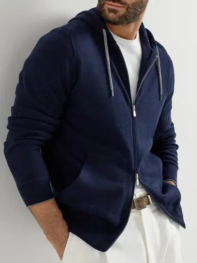 Brunello Cucinelli Men's Cashmere Sweatshirt Style Cardigan with Hood - Navy Blue | Thumbnail 5 Brunello Cucinelli Men's Cashmere Sweatshirt Style Cardigan with Hood - Navy Blue | Thumbnail 5