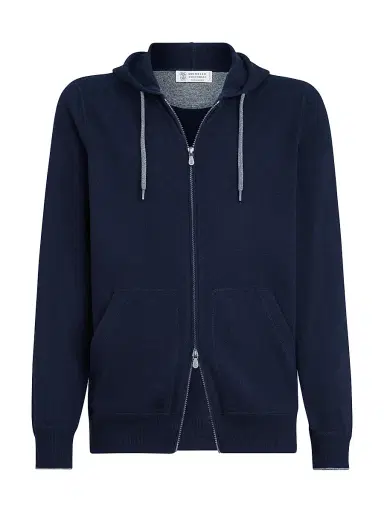 Brunello Cucinelli Men's Cashmere Sweatshirt Style Cardigan with Hood - Navy Blue | Thumbnail 1 Brunello Cucinelli Men's Cashmere Sweatshirt Style Cardigan with Hood - Navy Blue | Thumbnail 1