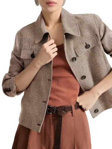 Brunello Cucinelli Women's Linen Prince of Wales Jacket with Monili - Light Brown | Thumbnail 5 Brunello Cucinelli Women's Linen Prince of Wales Jacket with Monili - Light Brown | Thumbnail 5