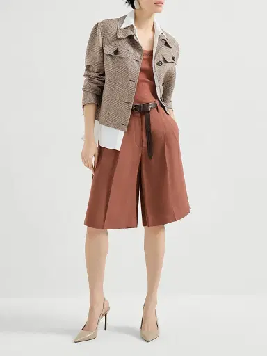 Brunello Cucinelli Women's Linen Prince of Wales Jacket with Monili - Light Brown | Thumbnail 6 Brunello Cucinelli Women's Linen Prince of Wales Jacket with Monili - Light Brown | Thumbnail 6