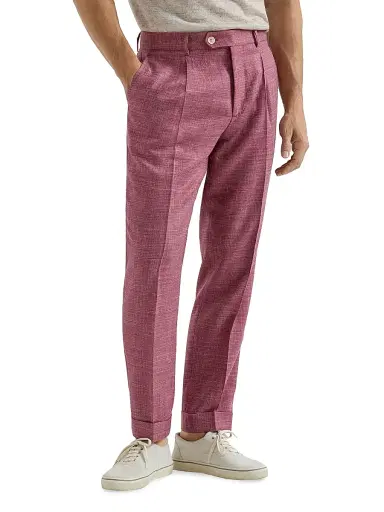 Brunello Cucinelli Men's Slubbed Virgin Wool, Silk and Linen Hopsack Pleated Trousers - Coral | Thumbnail 2