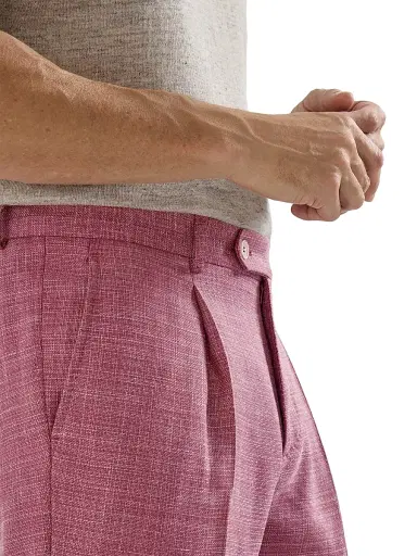 Brunello Cucinelli Men's Slubbed Virgin Wool, Silk and Linen Hopsack Pleated Trousers - Coral | Thumbnail 4