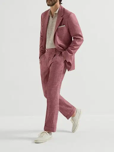 Brunello Cucinelli Men's Slubbed Virgin Wool, Silk and Linen Hopsack Pleated Trousers - Coral | Thumbnail 6