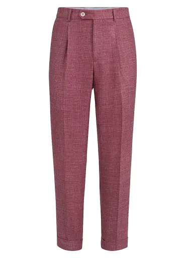 Brunello Cucinelli Men's Slubbed Virgin Wool, Silk and Linen Hopsack Pleated Trousers - Coral | Thumbnail 1