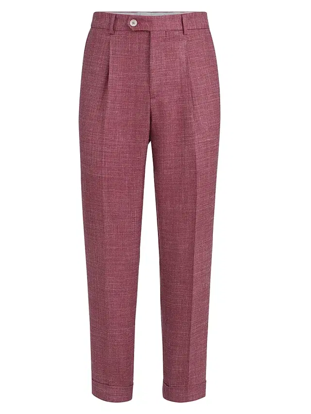 Brunello Cucinelli Men's Slubbed Virgin Wool, Silk and Linen Hopsack Pleated Trousers - Coral