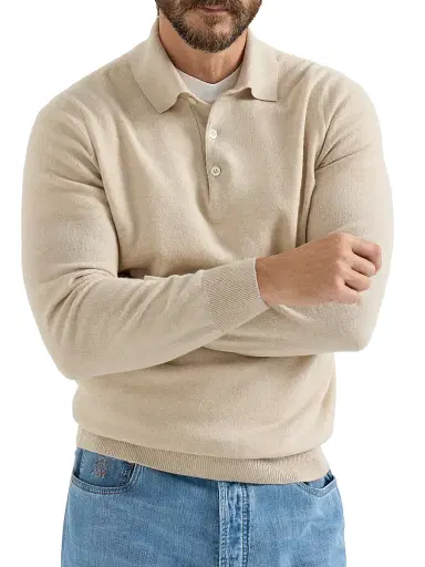Brunello Cucinelli Men's Cashmere Knit Polo Shirt - Sand | Thumbnail 2 Brunello Cucinelli Men's Cashmere Knit Polo Shirt - Sand | Thumbnail 2