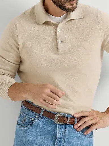 Brunello Cucinelli Men's Cashmere Knit Polo Shirt - Sand | Thumbnail 5 Brunello Cucinelli Men's Cashmere Knit Polo Shirt - Sand | Thumbnail 5
