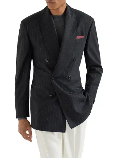 Brunello Cucinelli Men's Super 150s Virgin Wool Chalk Stripe One and a Half Breasted Tuxedo Jacket - Black | Thumbnail 2 Brunello Cucinelli Men's Super 150s Virgin Wool Chalk Stripe One and a Half Breasted Tuxedo Jacket - Black | Thumbnail 2