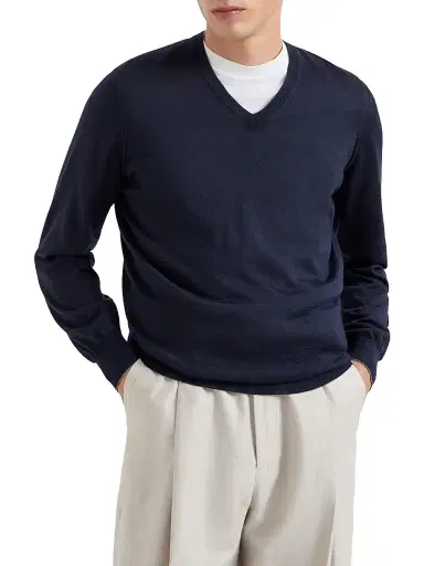 Brunello Cucinelli Men's Cashmere and Silk Lightweight Sweater - Navy Blue | Thumbnail 2