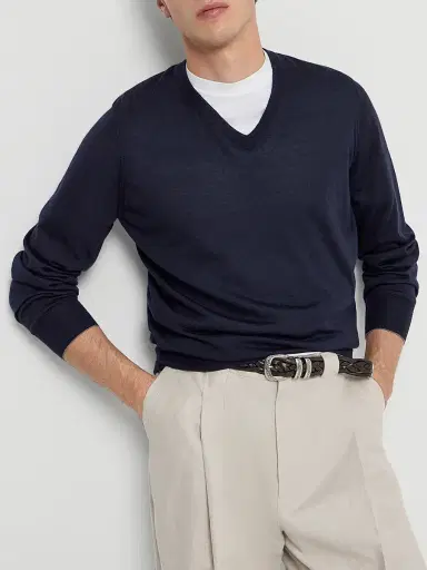 Brunello Cucinelli Men's Cashmere and Silk Lightweight Sweater - Navy Blue | Thumbnail 5