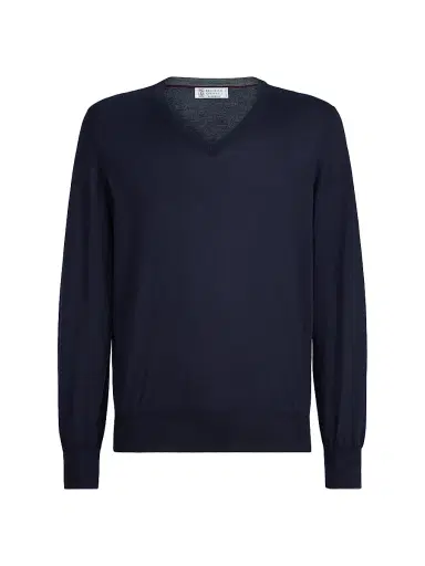 Brunello Cucinelli Men's Cashmere and Silk Lightweight Sweater - Navy Blue | Thumbnail 1