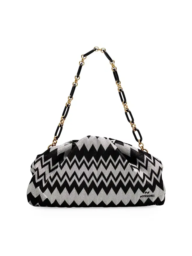 Women's Ruched Optical Wave Zigzag Raschel-Knit Pouch - Black White