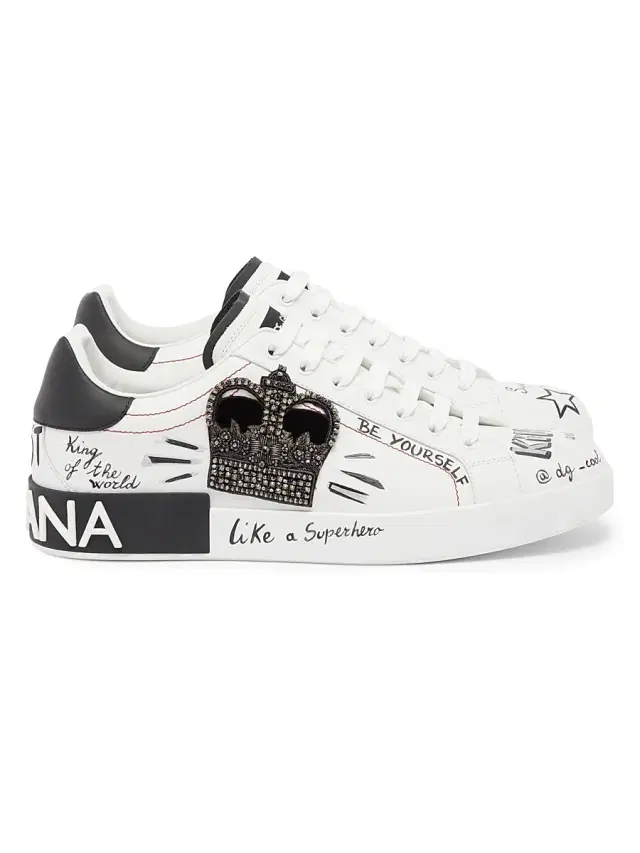 Men's Illustrated Leather Sneakers - White Black