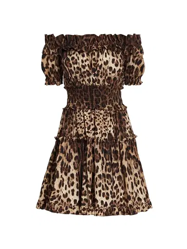 Dolce & Gabbana Women's Leopard-Print Cotton Off-The-Shoulder Minidress - Leo New - Size 12 | Thumbnail 1