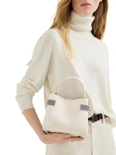 Brunello Cucinelli Women's Essence Small Top Handle Bag in Suede with Precious Bands - Ivory | Thumbnail 2