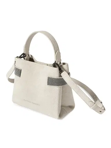 Brunello Cucinelli Women's Essence Small Top Handle Bag in Suede with Precious Bands - Ivory | Thumbnail 4