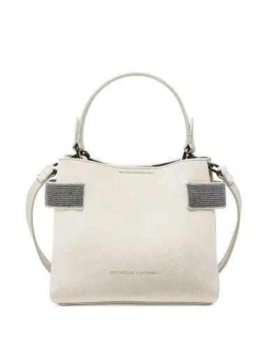 Brunello Cucinelli Women's Essence Small Top Handle Bag in Suede with Precious Bands - Ivory | Thumbnail 1