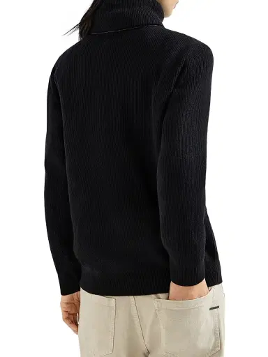 Brunello Cucinelli Women's Cashmere English Rib Turtleneck Sweater with Monili - Black | Thumbnail 3 Brunello Cucinelli Women's Cashmere English Rib Turtleneck Sweater with Monili - Black | Thumbnail 3