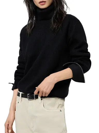 Brunello Cucinelli Women's Cashmere English Rib Turtleneck Sweater with Monili - Black | Thumbnail 4 Brunello Cucinelli Women's Cashmere English Rib Turtleneck Sweater with Monili - Black | Thumbnail 4