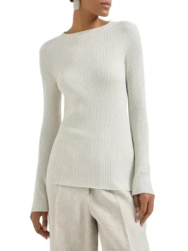 Brunello Cucinelli Women's Sparkling Cashmere and Silk Rib Knit Lightweight Sweater - White | Thumbnail 2 Brunello Cucinelli Women's Sparkling Cashmere and Silk Rib Knit Lightweight Sweater - White | Thumbnail 2