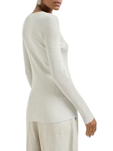 Brunello Cucinelli Women's Sparkling Cashmere and Silk Rib Knit Lightweight Sweater - White | Thumbnail 3 Brunello Cucinelli Women's Sparkling Cashmere and Silk Rib Knit Lightweight Sweater - White | Thumbnail 3