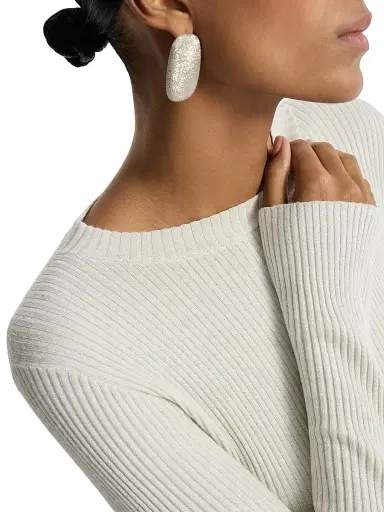 Brunello Cucinelli Women's Sparkling Cashmere and Silk Rib Knit Lightweight Sweater - White | Thumbnail 4 Brunello Cucinelli Women's Sparkling Cashmere and Silk Rib Knit Lightweight Sweater - White | Thumbnail 4