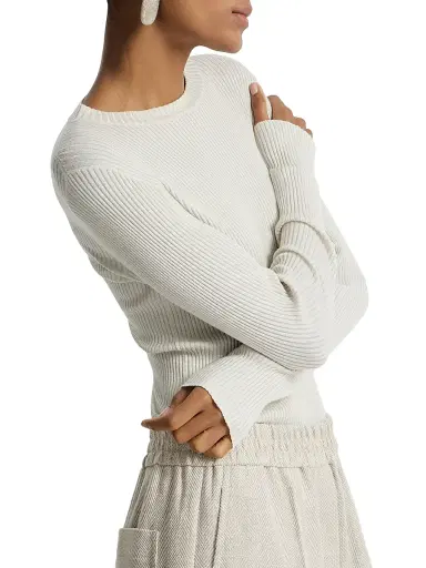 Brunello Cucinelli Women's Sparkling Cashmere and Silk Rib Knit Lightweight Sweater - White | Thumbnail 5 Brunello Cucinelli Women's Sparkling Cashmere and Silk Rib Knit Lightweight Sweater - White | Thumbnail 5