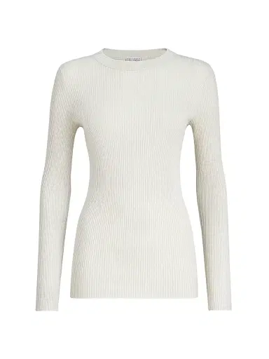 Brunello Cucinelli Women's Sparkling Cashmere and Silk Rib Knit Lightweight Sweater - White | Thumbnail 1 Brunello Cucinelli Women's Sparkling Cashmere and Silk Rib Knit Lightweight Sweater - White | Thumbnail 1