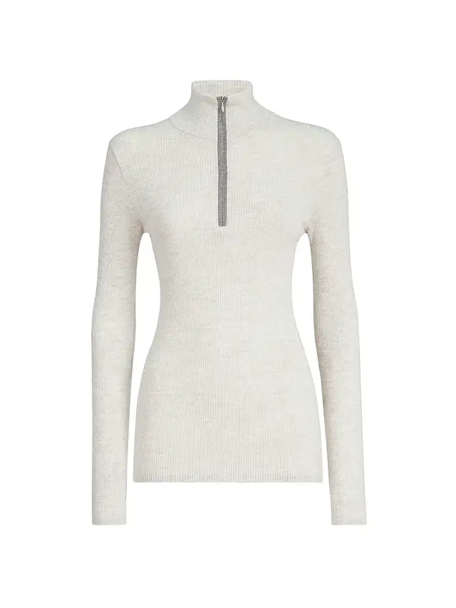 Brunello Cucinelli Women's Virgin Wool and Cashmere Rib Lightweight Turtleneck Sweater with Precious Half Zip - Pearl