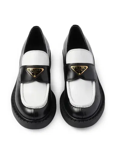 Prada Women's Chocolate Two-Tone Brushed Leather Loafers - Black | Thumbnail 2