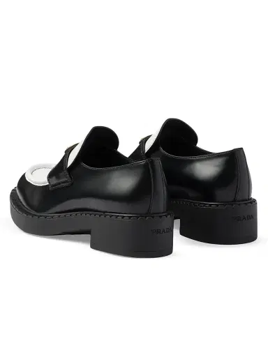 Prada Women's Chocolate Two-Tone Brushed Leather Loafers - Black | Thumbnail 3