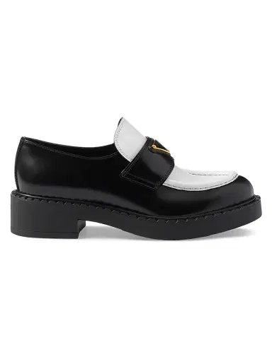 Prada Women's Chocolate Two-Tone Brushed Leather Loafers - Black | Thumbnail 1