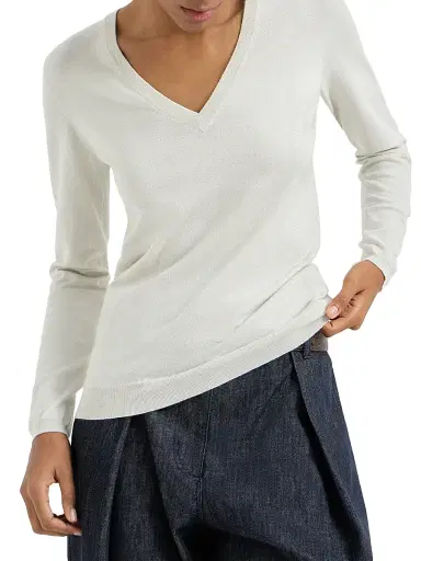 Brunello Cucinelli Women's Cashmere and Silk Sparkling Lightweight Sweater - Rice | Thumbnail 2