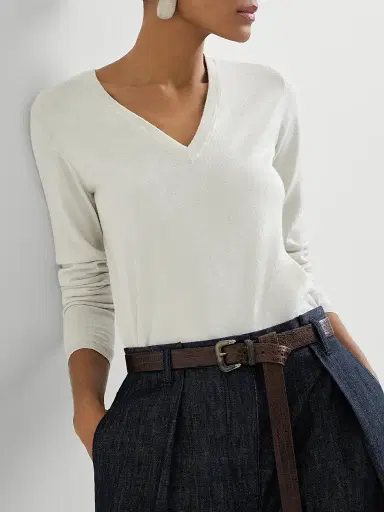 Brunello Cucinelli Women's Cashmere and Silk Sparkling Lightweight Sweater - Rice | Thumbnail 5