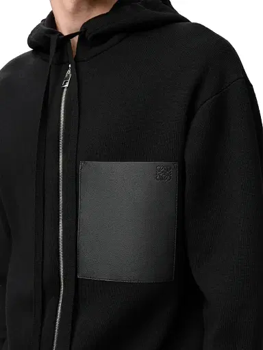 Loewe Men's Leather Patch Pocket & Wool Zip-Front Hoodie - Black - Size XXL | Thumbnail 3 Loewe Men's Leather Patch Pocket & Wool Zip-Front Hoodie - Black - Size XXL | Thumbnail 3