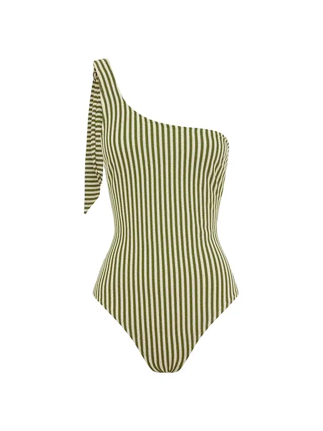 Peony Women's Tapestry One-Shoulder One-Piece Swimsuit - Fern Stripe
