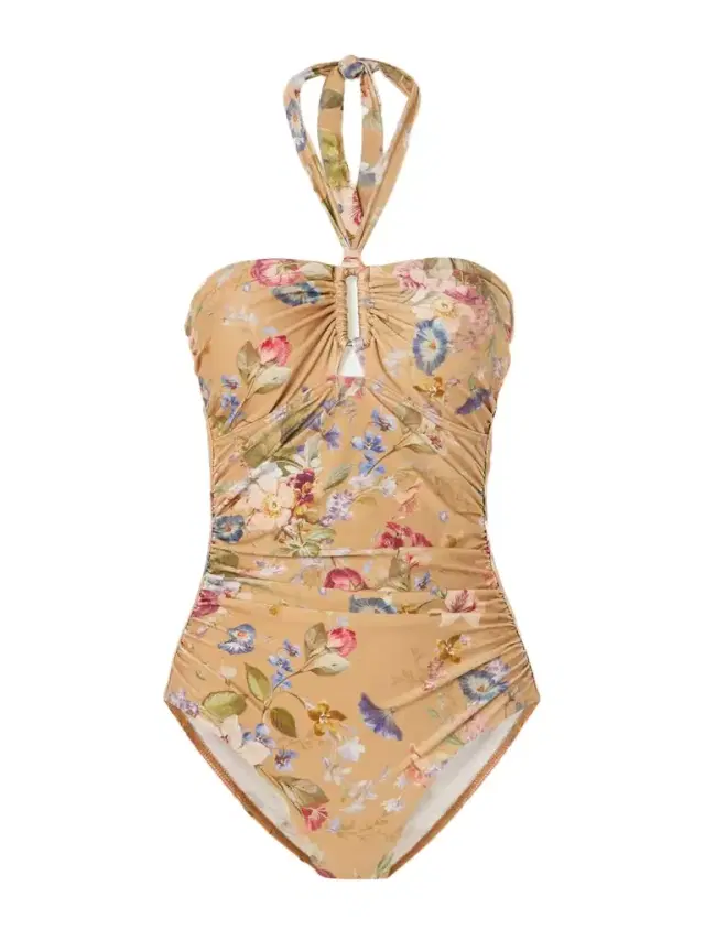 Zimmermann Patience Ruched Floral-print Halterneck Swimsuit