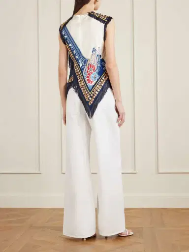 La DoubleJ Fringed Asymmetric Printed Silk-twill Top | Thumbnail 3