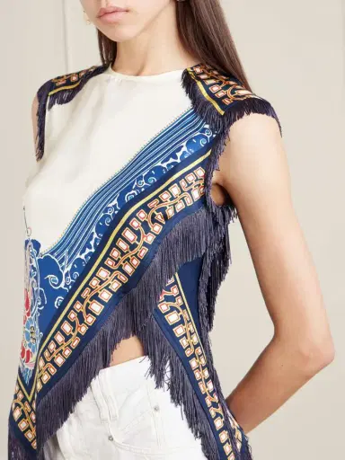 La DoubleJ Fringed Asymmetric Printed Silk-twill Top | Thumbnail 4
