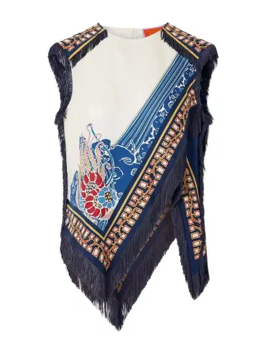 La DoubleJ Fringed Asymmetric Printed Silk-twill Top | Thumbnail 1