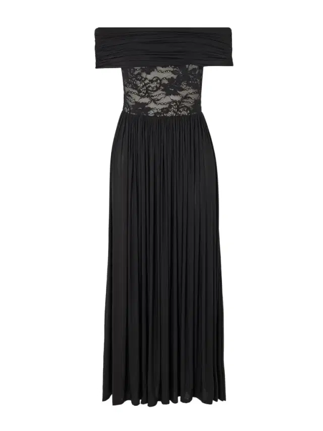 Off-the-shoulder Lace-trimmed Gathered Stretch-jersey Maxi Dress