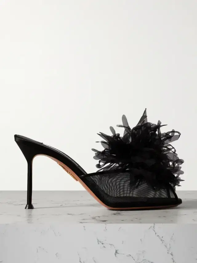 Poème 85 Embellished Organza And Leather-trimmed Mesh Mules